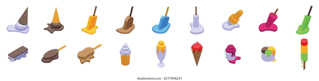 Melted ice cream icons set. Various ice cream treats melting, showcasing a range of flavors and styles in a colorful isometric set