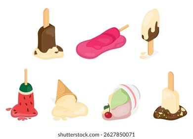 Melted ice cream icons. Set of different tastes ice cream melting on the ground. Summer dessert fallen. 3d flat isometric vector illustration. Eps 10