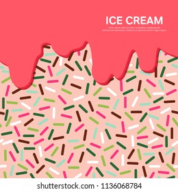 Melted ice cream illustration. Vector colorful donuts glaze pattern with sprinkles.