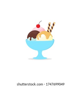 melted ice cream on a bowl with a wafer roll and cherry flat design isolated white background