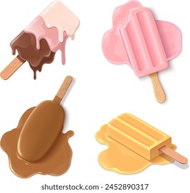 Melted ice cream on stick. Pink berry, chocolate, caramel and multicolor popsicle thawing laying on floor and dripping. Realistic 3d vector illustration set of cold sweet dessert on summertime.