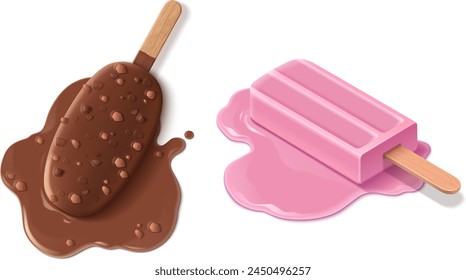 Conjunto de helado derretido aislado sobre fondo blanco. Vector ilustración realista de chocolate con nueces molidas y postre de vainilla en palo de madera, charco pegajoso dulce, menú de restaurante o diseño de alimentos