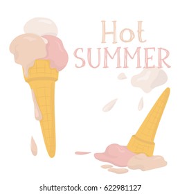 Melted ice cream in waffle cone on white background