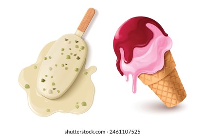 Melted ice cream in waffle cup and on stick. Realistic 3d vector set of popsicle with chips fallen on floor and pink fruit sundae with red jam thawing in sun. spilled and dripping cold dessert.