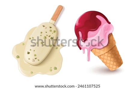 Melted ice cream in waffle cup and on stick. Realistic 3d vector set of popsicle with chips fallen on floor and pink fruit sundae with red jam thawing in sun. spilled and dripping cold dessert.