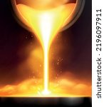 Melted metal realistic vertical composition with front view of industrial bucket pouring molten metal on surface vector illustration