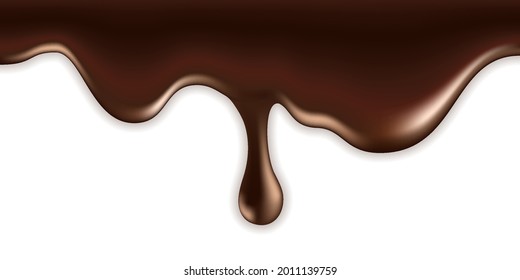 Melted milk chocolate drip wave. Flowing hot liquid chocolate with splash drop, smooth creamy texture, sweet dessert. Isolated on white background. Vector illustration