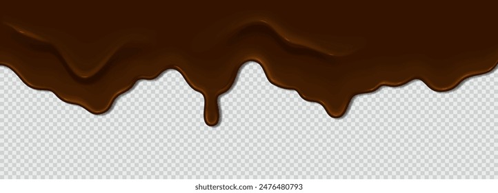 Chocolate con leche derretida goteando sobre un fondo aislado. Ola de líquido goteando desde arriba. Goteo de pintura marrón. textura Horizontal, Ilustración vectorial 3d realista con espacio de copia para el texto