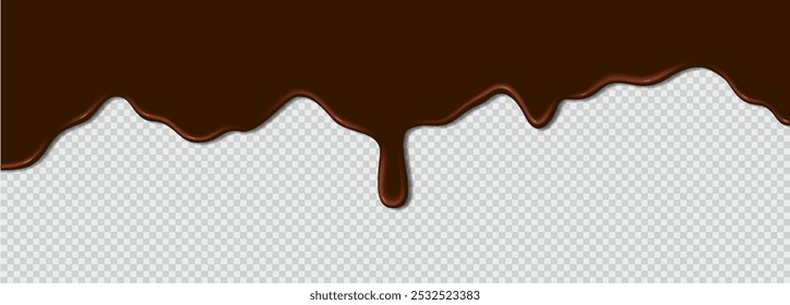 Melted milk chocolate dripping on an isolated background. Wave of liquid dripping down from above. Drip of brown paint. Horizontal texture, realistic 3d vector illustration with copy space for text