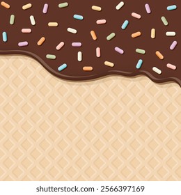 Melted milk chocolate ice cream with colorful sprinkles sugar topping pouring on ice cream cone texture square background graphic illustration.