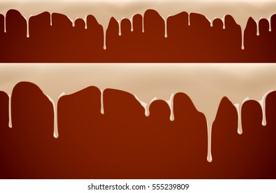 Melted milk chocolate syrup leaking on brown background vector seamless border illustration