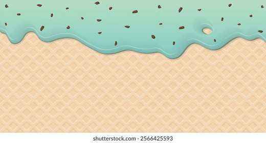 Melted mint chocolate chip ice cream drop on ice cream cone texture background graphic illustration have blank space.