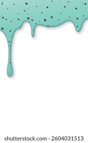 Melted mint chocolate chip ice cream drop onto white vertical background graphic illustration have blank space.
