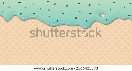 Melted mint chocolate chip ice cream drop on ice cream cone texture background graphic illustration have blank space.