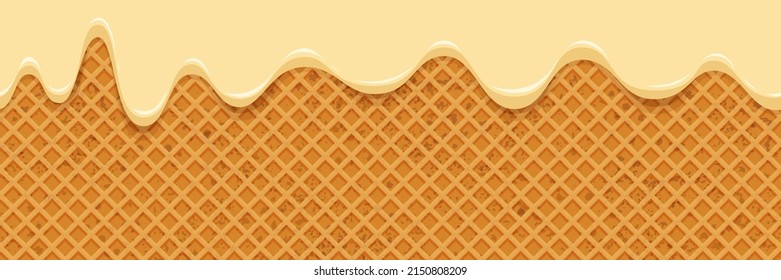 Сream Melted On Waffle Background. Seamless Pattern Sweet Ice Cream Flowing Down On Cone. Glaze Or Caramel Dripping On Wafer Texture Backdrop. Vector Illustration