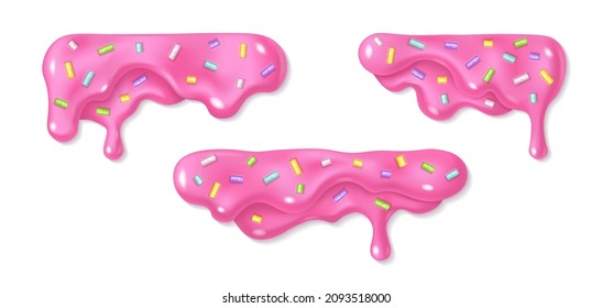 Melted pink doughnut icing with sprinkles drop set. Realistic 3d horizontal leaking syrup dripping collection isolated on white background. Edge decoration