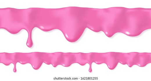 Melted pink icing or sweet sauce drop. Doughnut glaze design. Realistic 3d horizontal leaking syrup dripping. Horizontal border element isolated on white background. Edge decoration