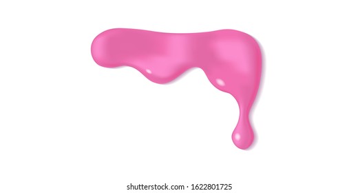 Melted pink icing or sweet sauce drop. Doughnut glaze design. Realistic 3d horizontal leaking syrup dripping. Paint stain isolated on white background. Corner decoration