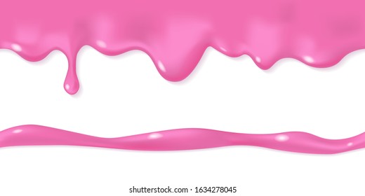 Melted pink icing or sweet sauce drop. Doughnut glaze design. Realistic 3d horizontal leaking syrup dripping. Horizontal border element isolated on white background. Edge decoration