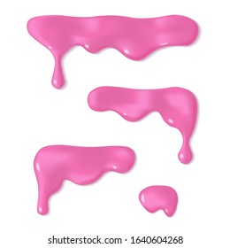 Melted pink icing or sweet sauce drop set. Doughnut glaze design. Realistic 3d horizontal leaking syrup dripping collection. Paint stain isolated on white background. Edge decoration