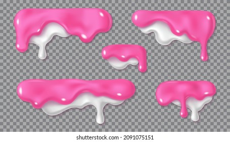 Melted pink and white icing or sweet sauce drop set. Berry yogurt design. Realistic 3d horizontal leaking syrup dripping collection isolated on transparent background. Edge decoration