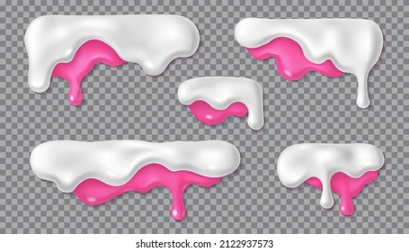 Melted pink and white icing or sweet sauce drop set. Berry yogurt design. Realistic 3d horizontal leaking syrup dripping collection isolated on transparent background. Edge decoration