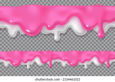 Melted pink and white icing or sweet sauce drop set. Berry yogurt design. Realistic 3d horizontal leaking syrup dripping collection isolated on transparent background. Edge decoration