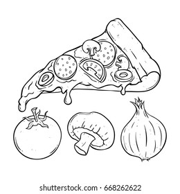 melted pizza slice with tomato, mushroom and onion using sketch or doodle art