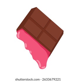 Melted raspberry yogurt dripping from cracked chocolate bar. Vector cartoon hand drawn illustration of homemade sweets. For packaging, menu, recipe cards, product visuals, stickers, web