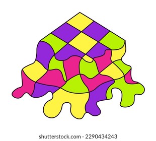 Melted Rubiks cube, isolated doodle, or abstract drawing with colorful squares. Liquid painting or caricature, vintage or grungy decoration or ornament, artwork design. A vector in flat style