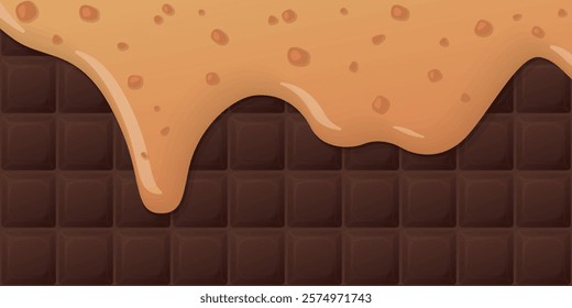 Melted salted caramel pouring on milk chocolate bar background graphic illustration.