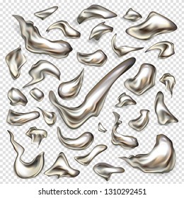 Melted silver drops, spilled mercury, precious platinum 3d realistic vector set isolated on transparent background. Metallic paint, steel alloy, liquid metal abstract form and size drips collection