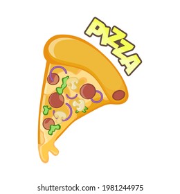 A melted sliced pizza with the text on the top of it isolated on white background