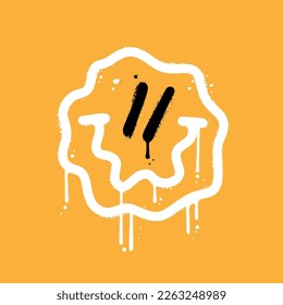 Melted smile face in urban graffiti style isolated on yellow background. Psychedelic quirky smiling face, great for 90s, y2k retro stickers, sweatshirts.