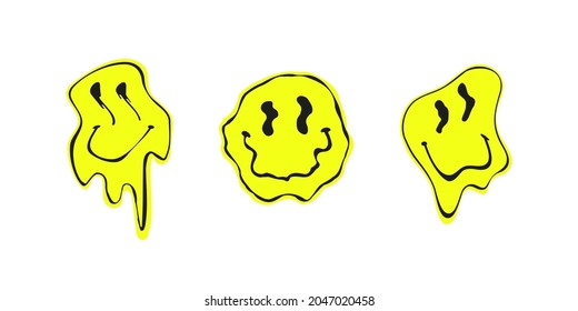 Melted smile faces in trippy acid rave style isolated on white background. Psychedelic quirky cartoon face, great for retro stickers, sweatshirts. Urban neon graffiti style vector design element