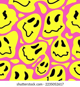 Melted smile faces, trippy seamless pattern. Retro hippie psychedelic distorted face. Lava lamp smile face vector wallpaper. Positive good vibes smile, high, trip, techno concept