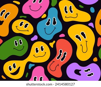 Melted smiles seamless pattern. Repeating design element for printing on fabric. Splashing colorful smiles. Positive emotions and halluccinations. Cartoon flat vector illustration