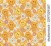 Melted smiley faces and flowers, groovy seamless pattern. Retro hippie psychedelic style vector wallpaper in 60s, 70s, 80s. Psychedelic chess board
