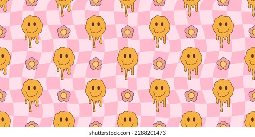 Melted smiley faces and flowers, groovy seamless pattern. Retro hippie psychedelic style vector wallpaper in 60s, 70s, 80s