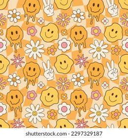 Melted smiley faces and flowers, groovy seamless pattern. Retro hippie psychedelic style vector wallpaper in 60s, 70s, 80s. Psychedelic chess board