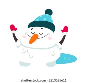 Melted snowman in hat flat icon Winter decoration