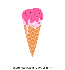 Melted strawberry ice cream with chocolate chips, pink layers of gelato dripping vector illustration