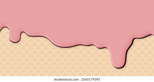 Melted strawberry ice cream drop on ice cream cone texture background graphic illustration have blank space.