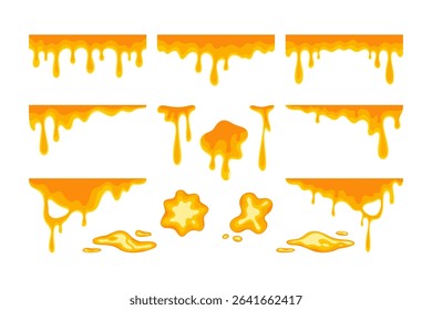 Melted syrup honey drip liquid vector set. Melting cheese drips element pack. Set of yellow syrup liquid, melted sauce flowing illustration. Spilled, drop, leak, splash, slime for food drink products