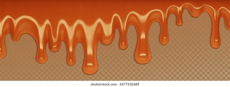 Melted toffee caramel or sweet syrup drip border on transparent background. Realistic vector illustration of brown liquid dessert sauce decoration. Frame made from smooth orange pouring flow juice.