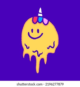 Melted unicorn emoji face cartoon, illustration for t-shirt, sticker, or apparel merchandise. With modern pop and retro style.