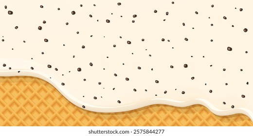 Melted vanilla chocolate chip ice cream dropping on ice cream cone texture background graphic illustration.