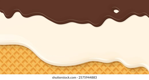 Melted vanilla ice cream and chocolate toping drop on ice cream cone texture background graphic illustration have blank space.