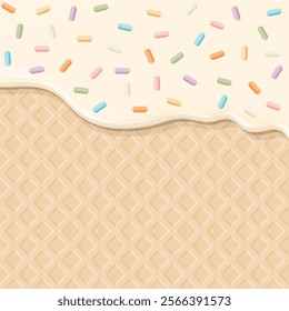 Melted vanilla ice cream with colorful sprinkles sugar topping pouring on ice cream cone texture square background graphic illustration.