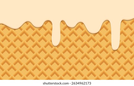 Queda de sorvete de baunilha derretida no fundo de textura de cone de sorvete. Сresma derretida sobre fundo waffle. Sorvete doce padrão sem emenda fluindo para baixo no cone. 